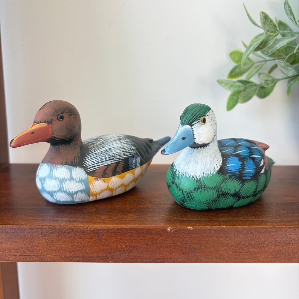 Vintage Hand Painted Ceramic Duck Decoy Miniature Figurines Set of 2 Wildlife